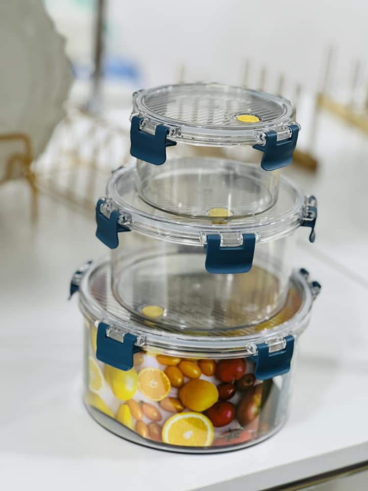 Round Plastic Container Set of 3 PCs Food / 3-قطع تابروير دائرية