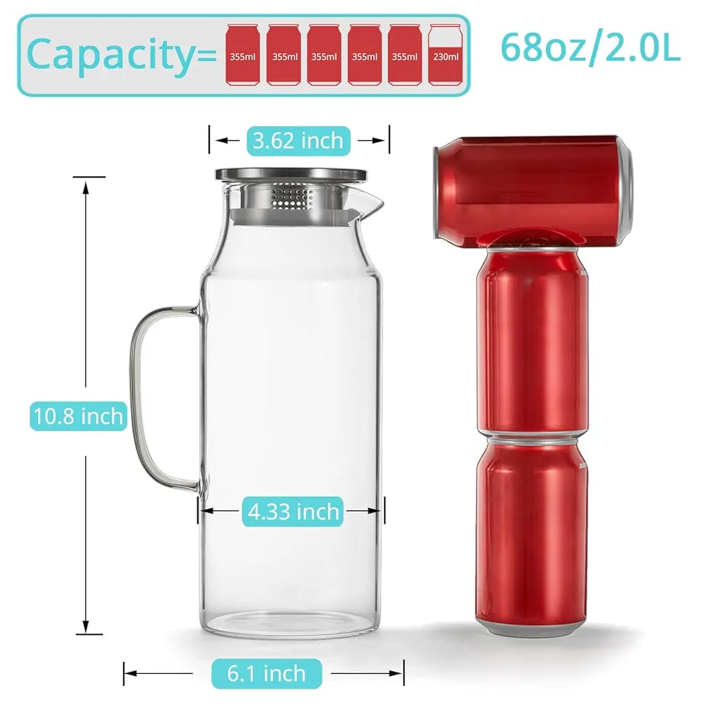 2L Glass Pitcher with Stainless Steel Lid / إبريق زجاج 2 لتر مع غطاء ستانلس ستيل