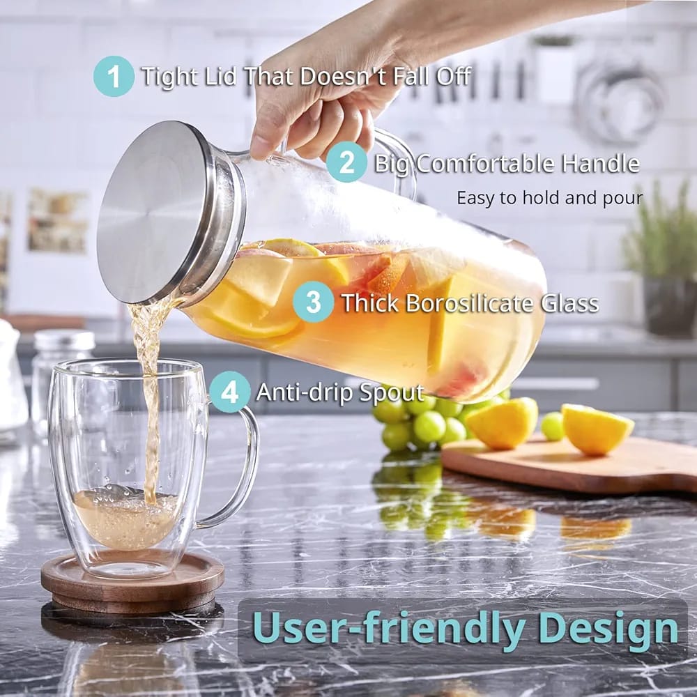 2L Glass Pitcher with Stainless Steel Lid / إبريق زجاج 2 لتر مع غطاء ستانلس ستيل