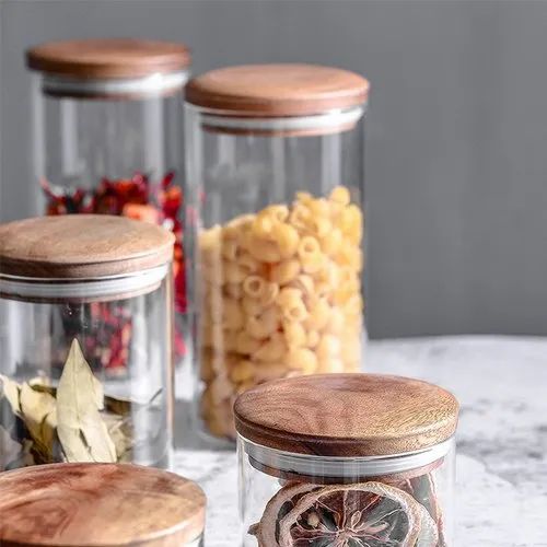 Elegant Glass Storage Jar 20 cm  / 5وعاء تخزين زجاجي  بغطاء خشبي