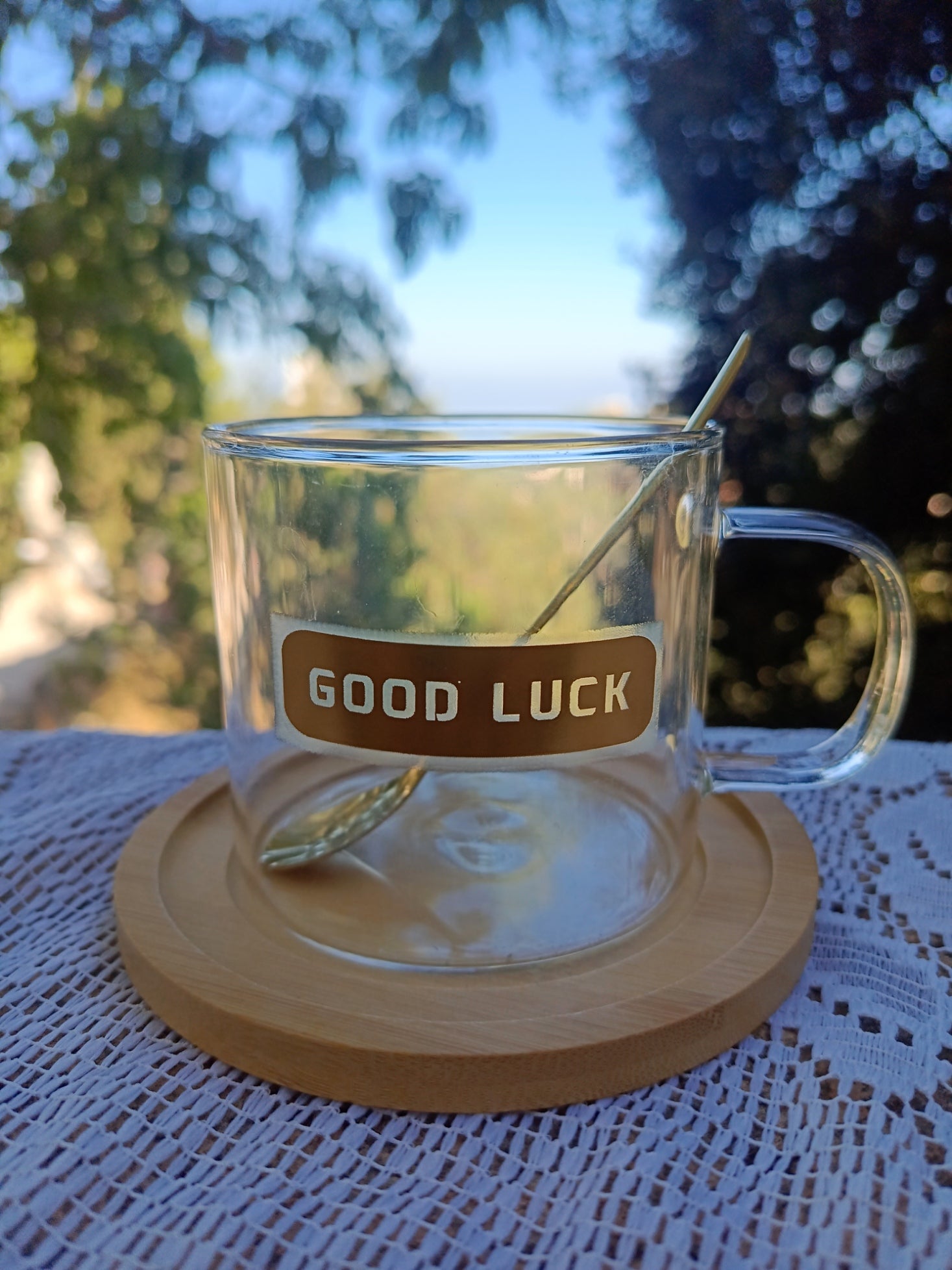 Glass Mug with Wooden Saucer & Spoon / كوب زجاجي مع صحن خشبي وملعقة