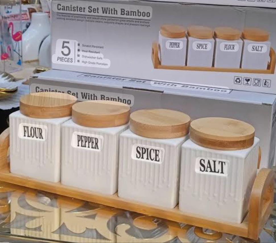 Canister set with bamboo 5pcs-مجموعة علب توابل