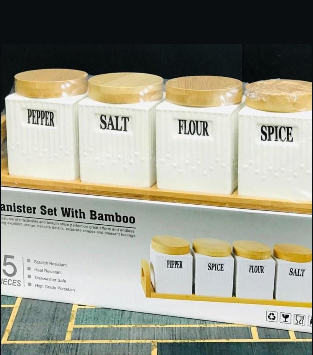 Canister set with bamboo 5pcs-مجموعة علب توابل
