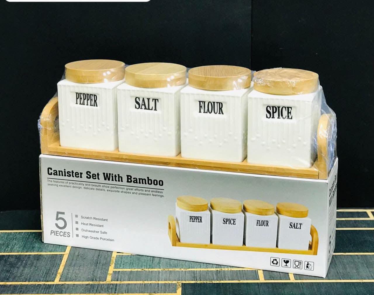 Canister set with bamboo 5pcs/ مجموعة علب توابل