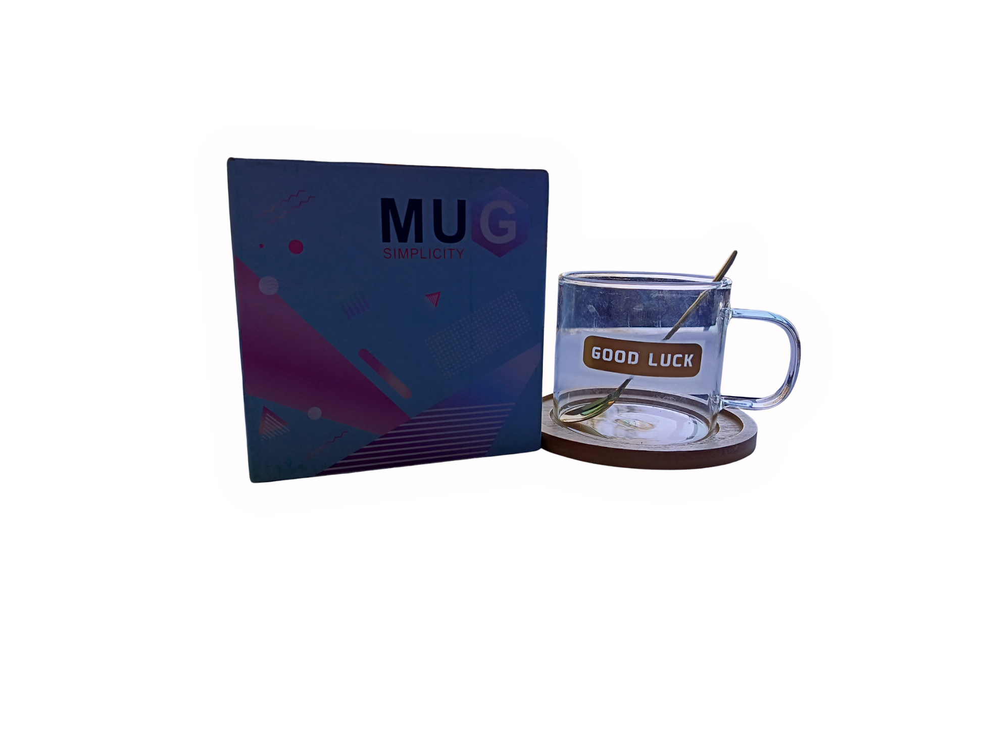 Glass Mug with Wooden Saucer & Spoon / كوب زجاجي مع صحن خشبي وملعقة