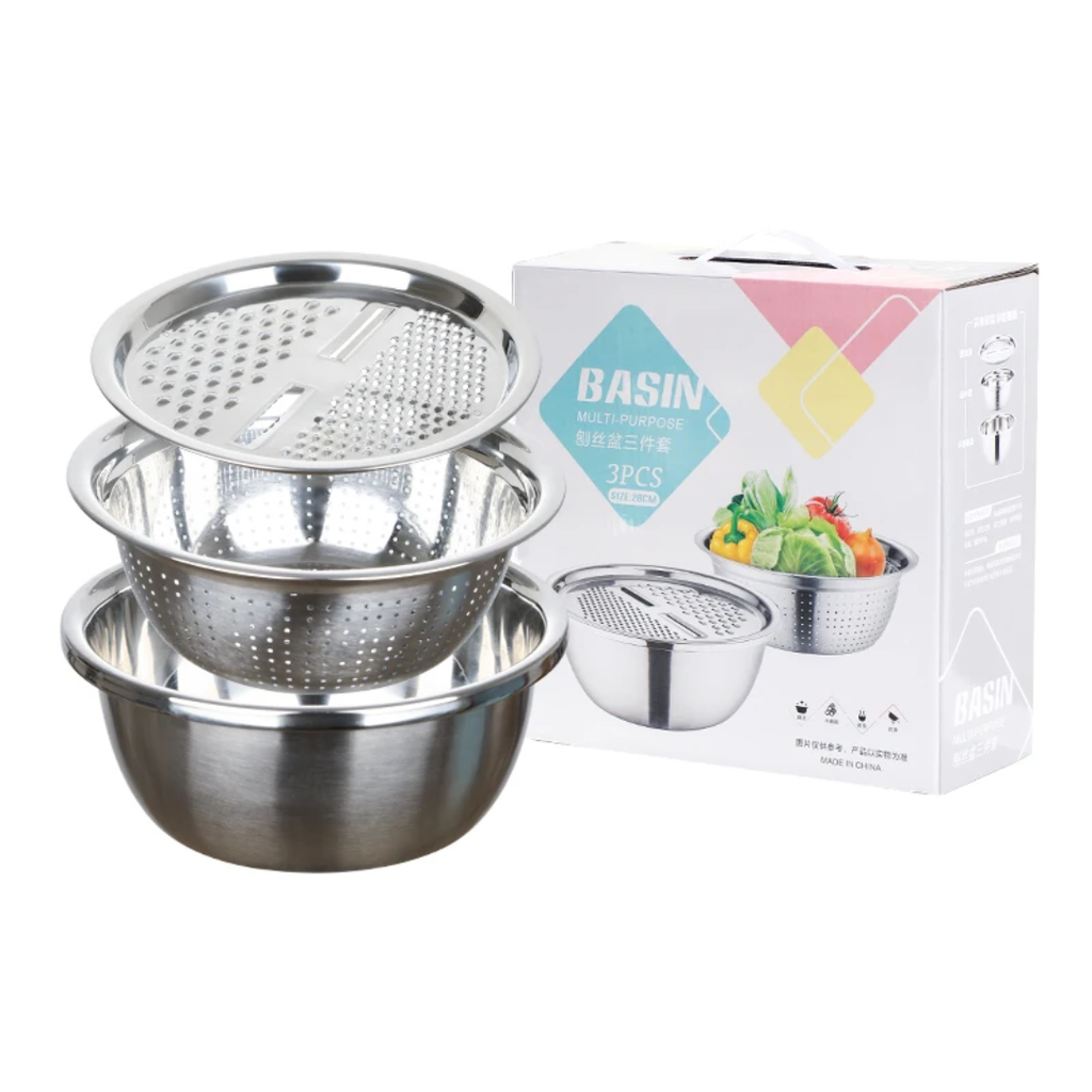 Stainless steel pot and strainer and grater - جاط و مصفاة و مبرشه ستانلس ستيل